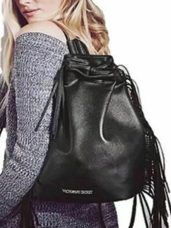 Victoria's Secret Handbags - Victoria's Secret Black Faux Leather Fringe Drawstring Boho Bag